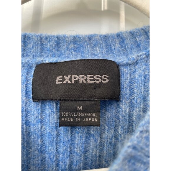 VIntage 90s Express Sweater Size Medium Ribbed Lambswool Crewneck Pullover Blue - Picture 3 of 6